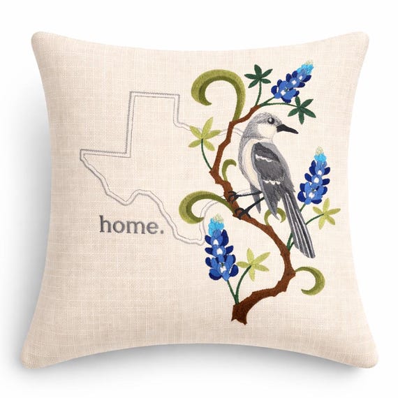 Texas Mockingbird and Bluebonnet Medley. Embroidered with Feather insert