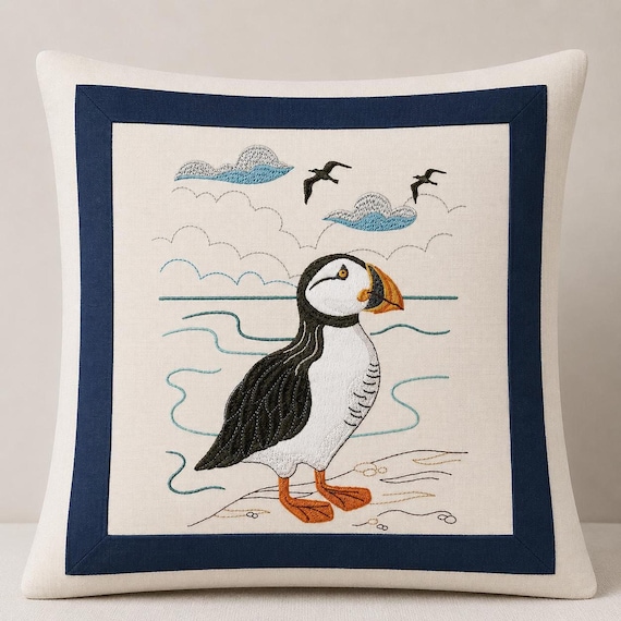 Coastal Decor Pillow - Embroidered Puffin Design, 18 x 18 Inches