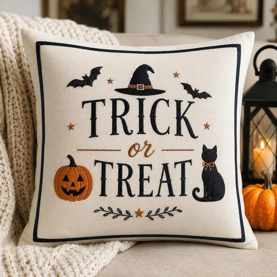 Halloween Pillow - Trick or Treat Embroidered Decorative Cushion