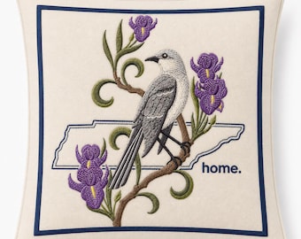 Tennessee State Bird Pillow - Volunteer State - Embroidered pillow with feather insert- Mockingbird & Iris