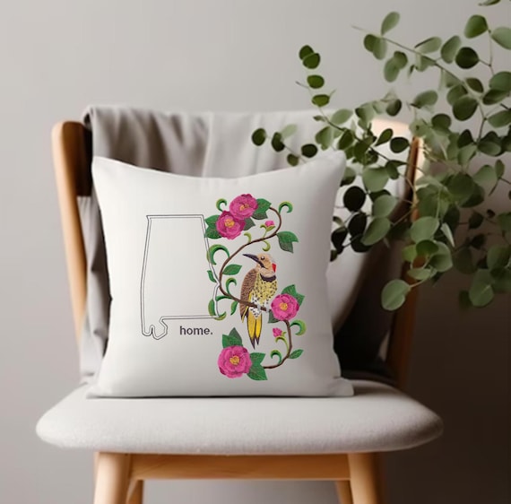 Alabama Yellowhammer and Camellia Medley. Embroidered with feather insert