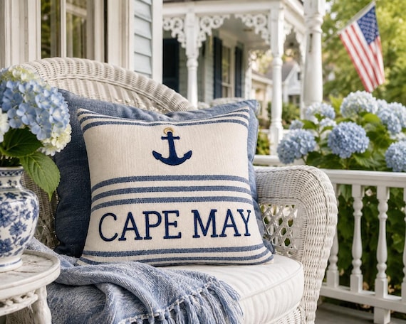 Cape May Beach Decor Pillow, Embroidered Nautical Design, Add your custom location, 18 x 18