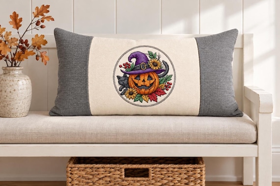 Halloween Lumbar Pillow, 24 x 16 Embroidered Pumpkin Witch Design