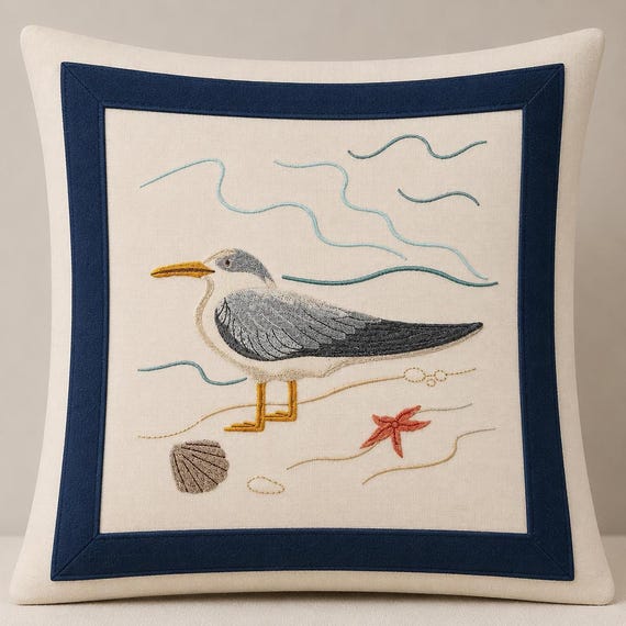 Coastal Pillow with Seagull Embroidery - 18 x 18 Decorative Cushion