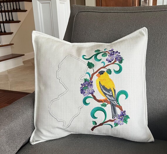 New Jersey Eastern Goldfinch and Purple Violet Medley. Embroidered with feather insert