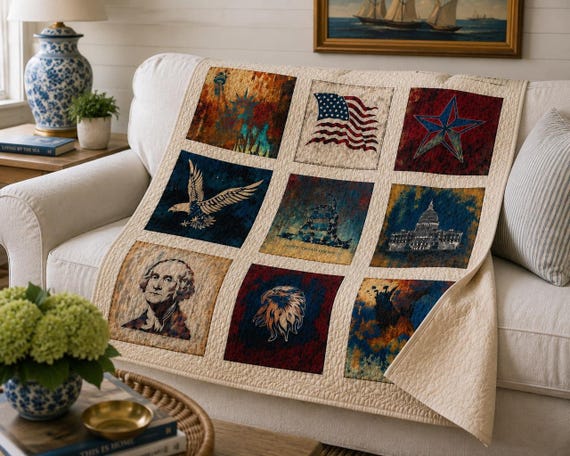 Fabric Panel Featuring Vintage Americana Icons - Patriotic Decor