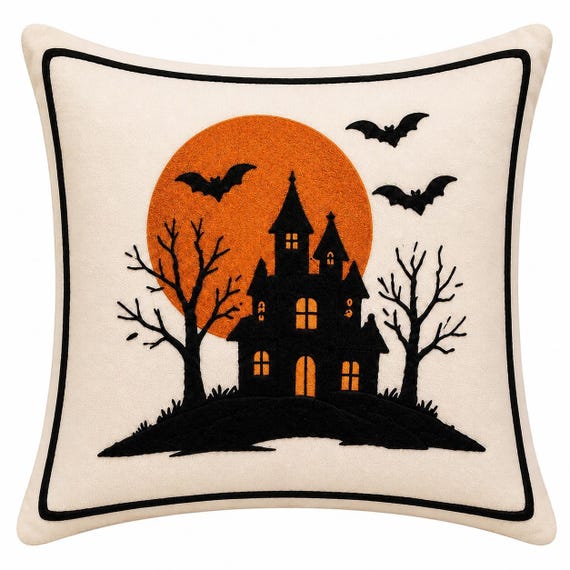 Halloween Haunted house pillow - Embroidered Spooky house decor - Gothic cottage decor