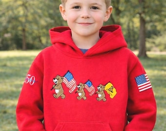 Patriotic Bears Kids hoodie - Red embroidered bear sweatshirt. Celebrate 250