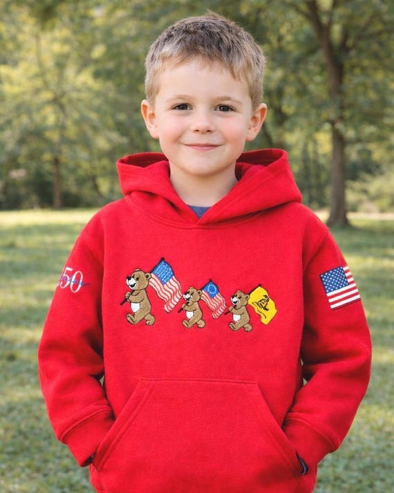 Patriotic Bears Kids hoodie - Red embroidered bear sweatshirt. Celebrate 250