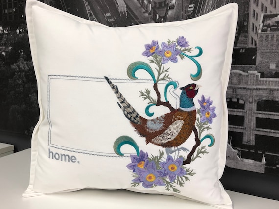 South Dakota Ring-Necked Pheasant and Pasqueflower Medley. Embroidered with feather insert