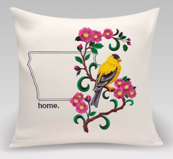 Iowa Eastern Goldfinch and Wild Rose Medley. Embroidered with feather insert
