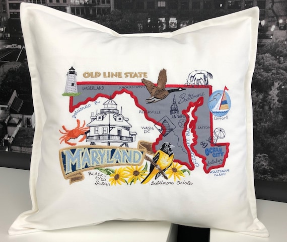 Embroidered and handcrafted Maryland map pillow