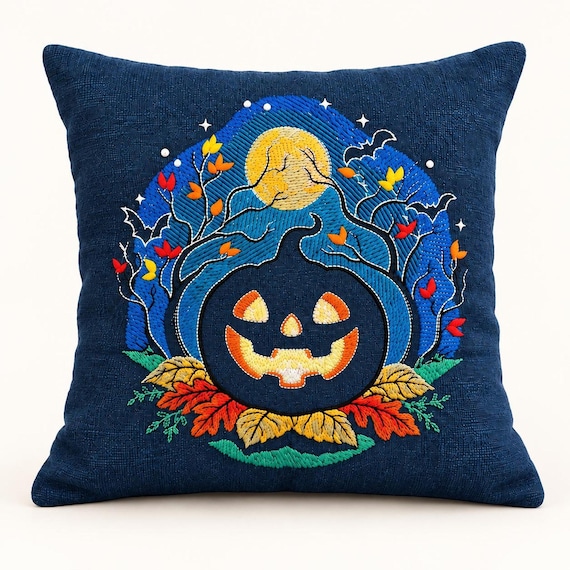Halloween Pillow, 18-Inch Embroidered Pumpkin with Feather Insert