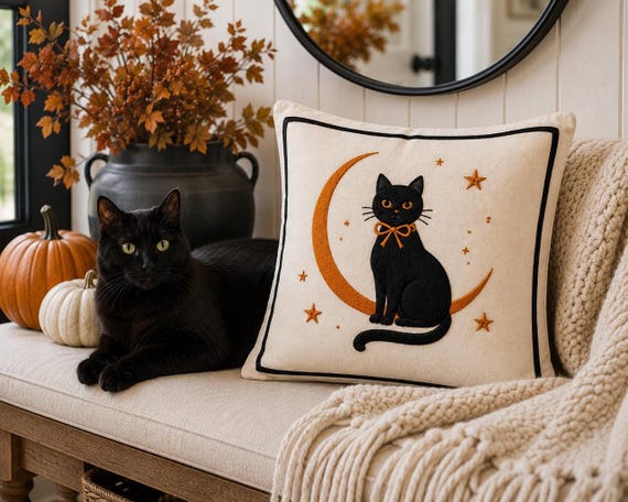 Embroidered Black Cat Pillow with Moon and Stars - Cozy Fall Decor