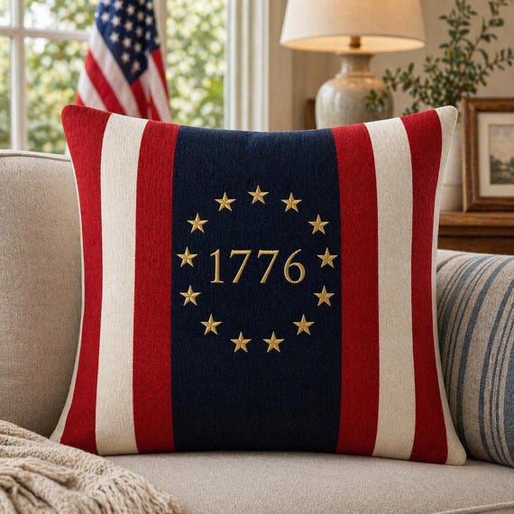 Betsy Ross Pillow, 1776 Embroidered Design with Feather Insert