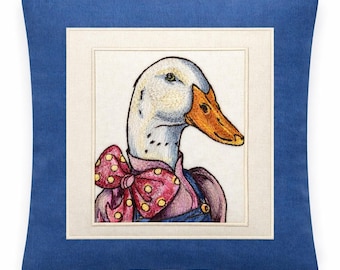 Whimsical Farmhouse Duck Embroidered pillow with cream and blue accents | Farmhouse Accent cushion
