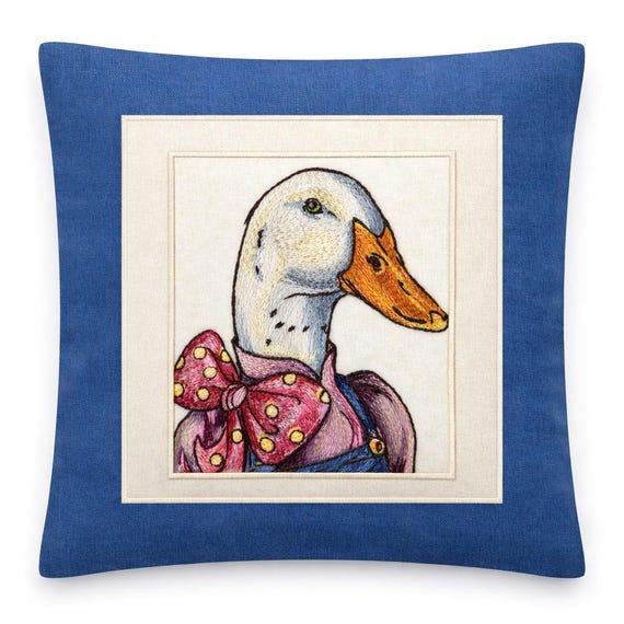 Whimsical Farmhouse Duck Embroidered pillow with cream and blue accents | Farmhouse Accent cushion