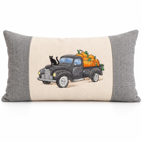 Fall Throw Pillow, Embroidered Pumpkin Patch Design - 24 x 16 Inch