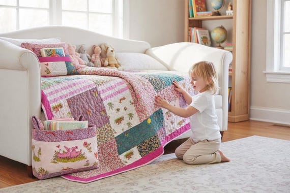 Handmade Woodland Quilt 54x54, Floral Patchwork Baby Nursery Decor, Cottagecore 3-piece Kids Room Gift set.