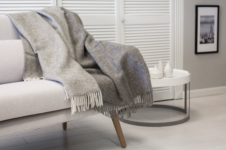 Big soft natural wool bedspread \u2018Boteh 25\u2019 made in Europe Chunky knit grey natural sheep wool throw blanket with fringes
