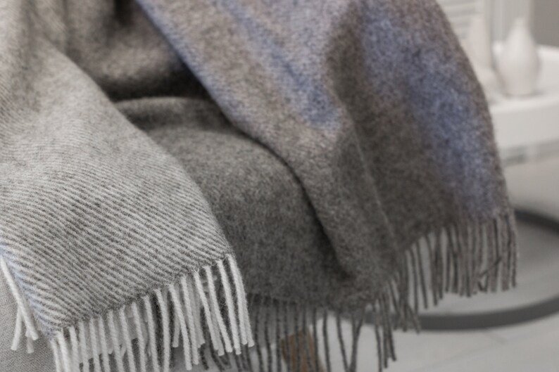 Big soft natural wool bedspread \u2018Boteh 25\u2019 made in Europe Chunky knit grey natural sheep wool throw blanket with fringes