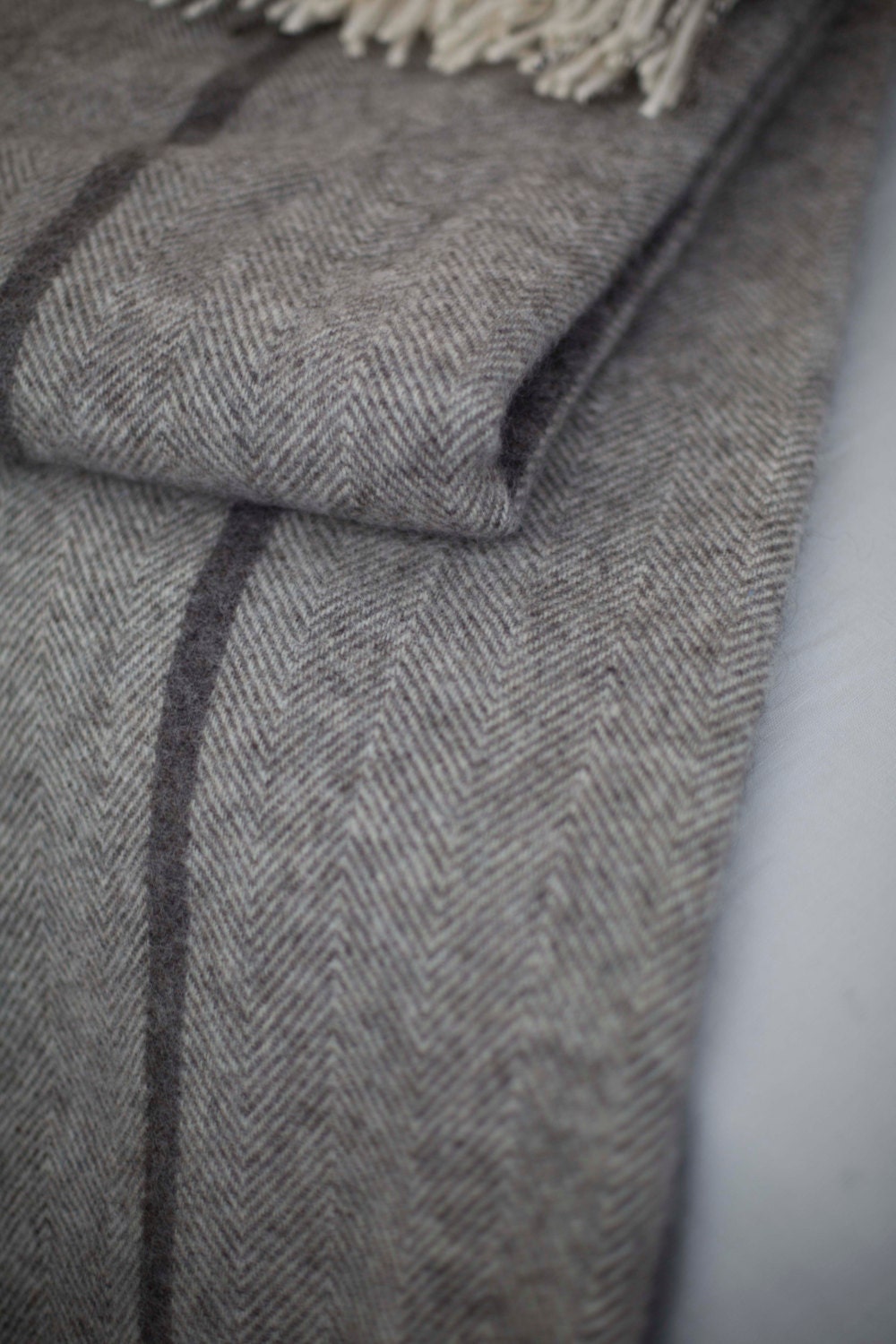 Personalised herringbone weave grey wool blanket with fringes. | Etsy