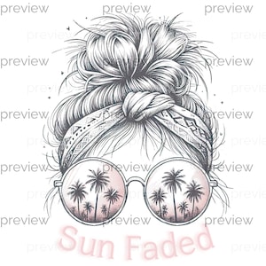 Boho Beach Girl PNG: Summer Messy Bun, Palm Tree Sunglasses (Digital Download