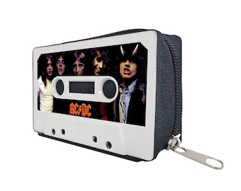 GRANDES DEL ROCK - Sac à main porte-cartes fait main avec cassette originale, fermeture à glissière, doublé, style rétro vintage