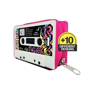MUSICA - Portafoglio porta carte fatto a mano ricavato da una cassetta originale, chiusura a zip, foderato, stile vintage retrò