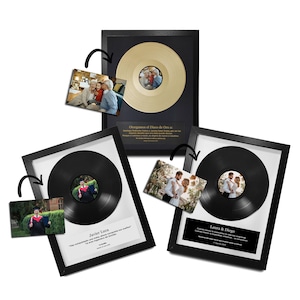 Personalized decorative frame/picture, unique gift. Vinyl record with photo and message, 30x40cm. For hanging. Black or Gold.