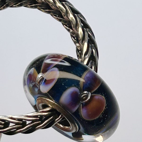 Handmade purple and blue floral iridescent, silver cored, big hole lamp work glass bead (Pandora/Troll bead style)