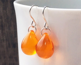 Orange earrings, minimal teardrop earrings, Czech glass earrings, sterling silver, dainty classic jewelry gift for wife, girlfriend, UK