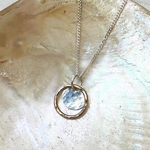 Silver disc & circle 14kt gold fill hammered necklace TINY, small everyday minimal sterling jewelry, dainty beaten handmade gift for mum, uk