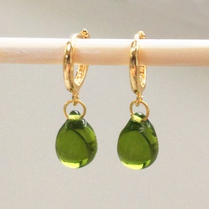 Olive green gold huggie hoop glass teardrop earrings, peridot green tear drop jewelry, everyday dainty classic gift for wife, friend, UK