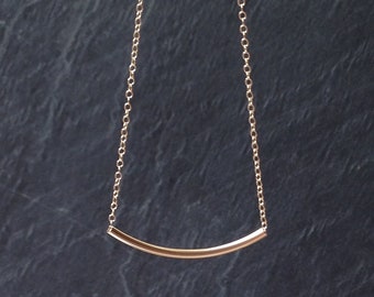 Gold fill necklace. dainty gold tube bar, curved choker pendant necklace, minimal 14k rolled gold layered collar, best friend jewelry UK