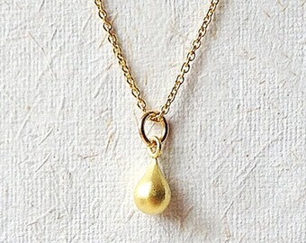 Gold teardrop necklace, gold necklace,  dainty brushed satin TINY gold pendant, small elegant matt vermeil tear drop jewelry gift for mom