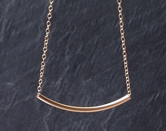 Gold fill necklace. dainty gold tube bar, curved choker pendant necklace, minimal 14k rolled gold layered collar, best friend jewelry UK