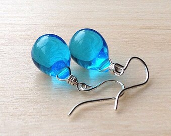 Turquoise blue earrings, sterling silver glass teardrop earrings, azure drop earrings, bright aquamarine dangly jewelry gift for wife UK