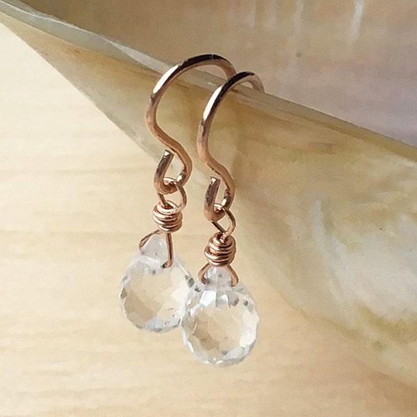 Rock crystal earrings, TINY clear quartz earrings,  Faceted gemstone dangly drops, silver, rose gold or gold filled bridal jewelry gift, uk