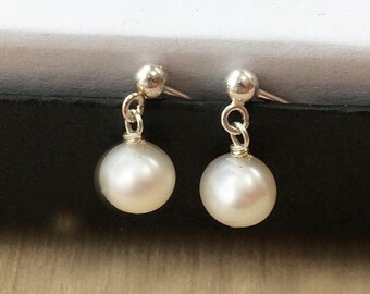 Baroque freshwater SMALL pearl stud, short drop post earrings, June birthday, sterling silver dangly AAA pearl birthday gift for wife, UK