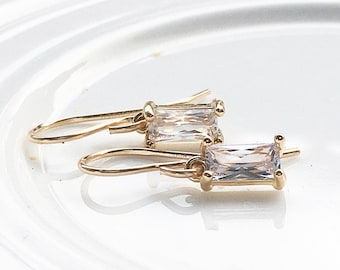 Clear small baguette earrings with gold fill wires, April birthstone, TINY dangly drop earrings, CZ jewel charm jewelry gift for friend uk