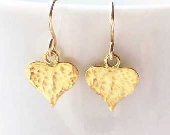 Hammered gold heart earrings, small vermeil dangle earrings, gold drop earring, modern everyday romantic jewelry gift uk for mum