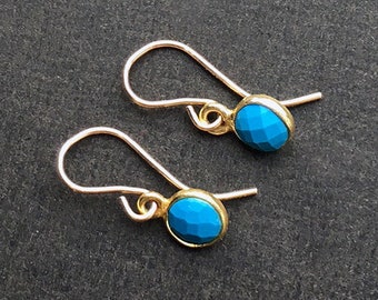 Real turquoise earrings gold fill wires, TINY turquoise dangly drop earrings, dainty blue faceted stones, crystal jewelry gift for wife, uk