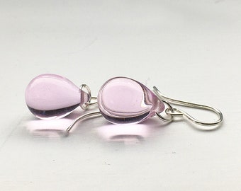Blush pink teardrop earrings, sterling silver pale pink earrings, dangly drop earrings, delicate glass jewelry, dainty bridesmaid gift, UK