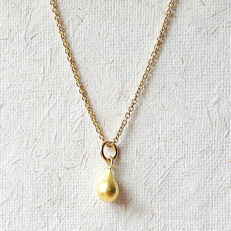 Gold teardrop vermeil necklace, Tiny 10mm drop charm, Dainty brushed satin pendant, small elegant matt  tear drop jewelry gift for mom, sister, wife friend uk  16 inches  18 inches vermeil cable chain