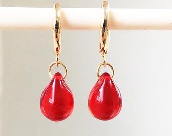 Red teardrop earrings, gold huggie hoop, dangly bright red glass bead earrings, dainty drop jewelry, cute anniversary gift for wife, sister