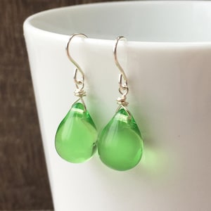 Light peridot green glass teardrop earrings sterling silver, August birthday gift under 15, apple green rain drops, bridesmaid jewelry Uk