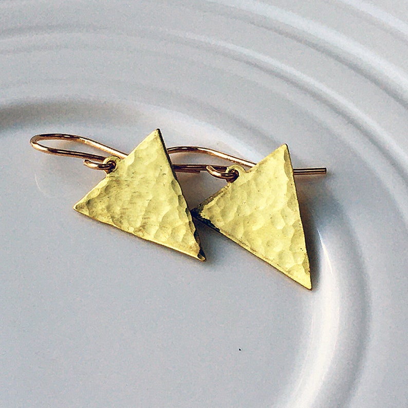 Golden Triangle Earrings, Dangly Drop Brass Earrings, 14k Gold Fill ...
