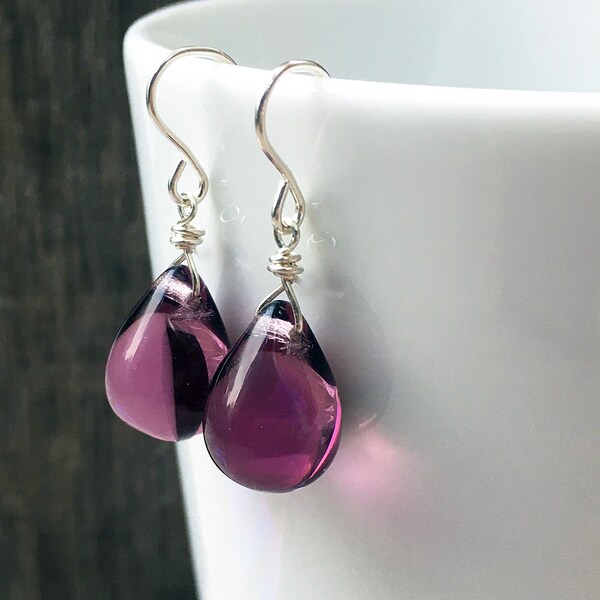 Purple teardrop earrings, sterling silver amethyst colour pink plum dangle drop earrings, everyday Czech glass jewelry gift for mum UK