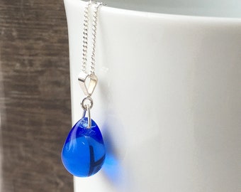 Blue teardrop necklace, dainty sterling silver, minimal classic gift for sister, deep royal blue glass pendant, everyday jewelry for her UK